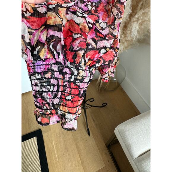 Misa Celina Red Fire Flora Sheer Long Sleeve Smocked Mini Dress NEW Medium - Picture 8 of 14